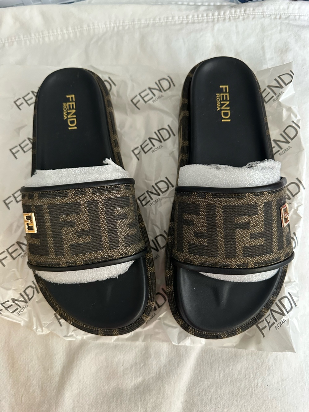 Fendi Brown FF Logo Slide Sandals with Gold Accent